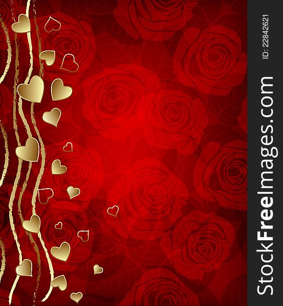 Valentine day background with golden hearts  and roses
