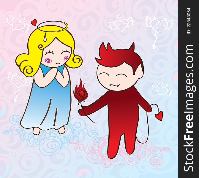 Funny cartoon illustration with angel and demon