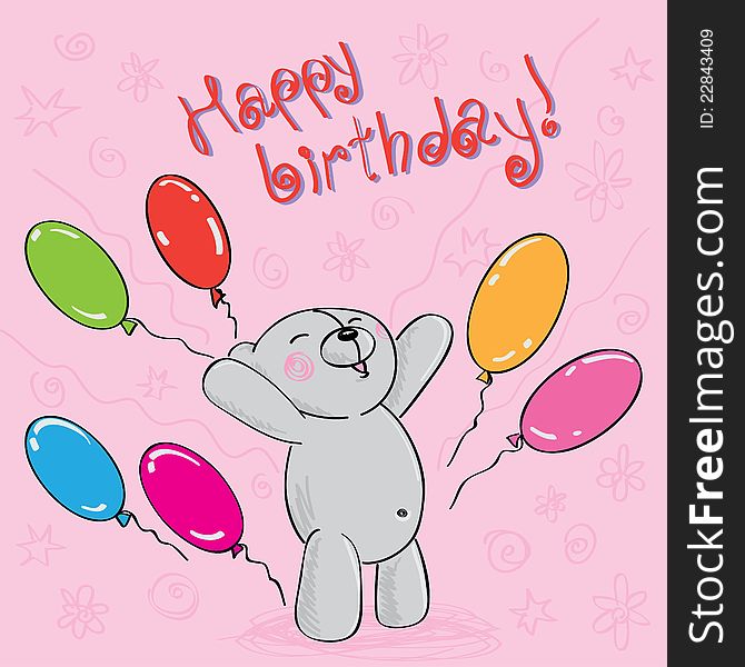 Greeting card with teddy bear and balloons