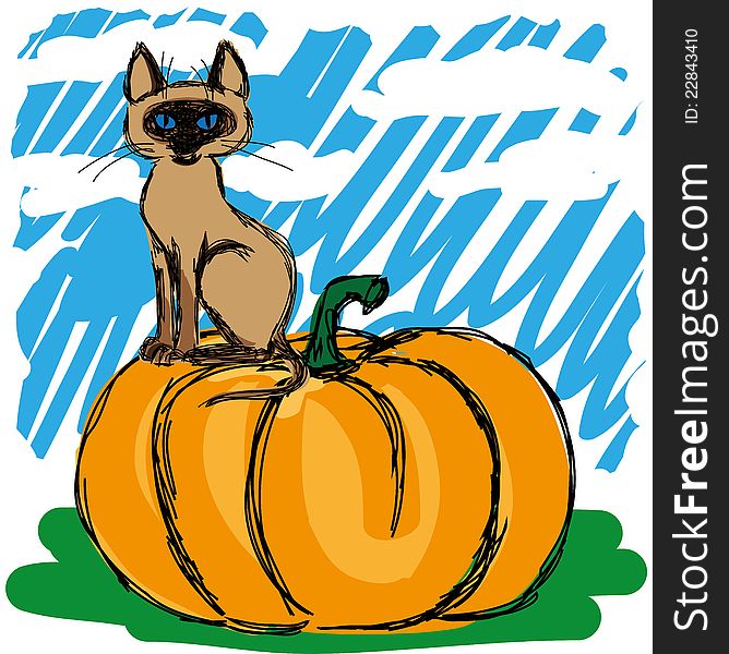 Negligent sketch of a cat on a pumpkin