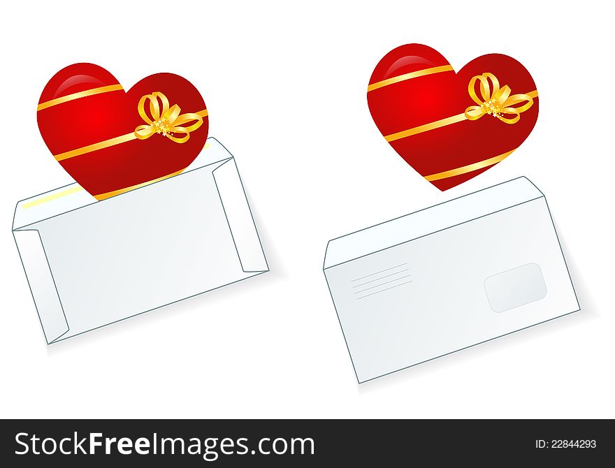 Red heart decorated golden ribbon and stars, upon mailing envelope. Red heart decorated golden ribbon and stars, upon mailing envelope