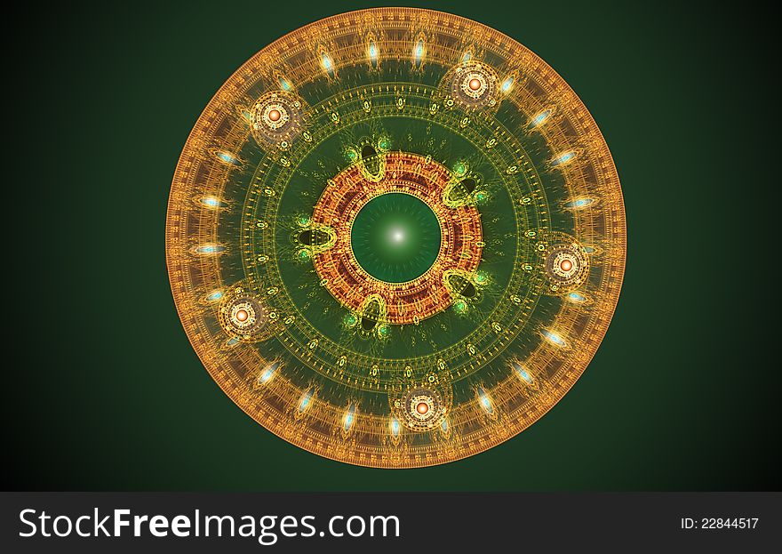 Fractal pattern, a beautiful golden sphere on a dark green background