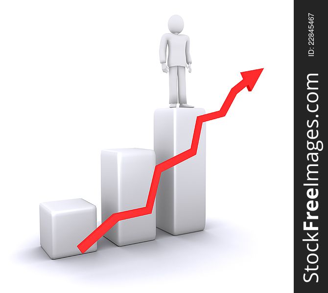 Man who stands on top of success graph, against the background of the graph chart with arrow. Man who stands on top of success graph, against the background of the graph chart with arrow