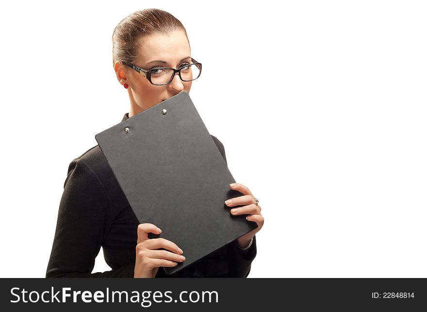 Beautiful business woman with clipboard isolated on white background