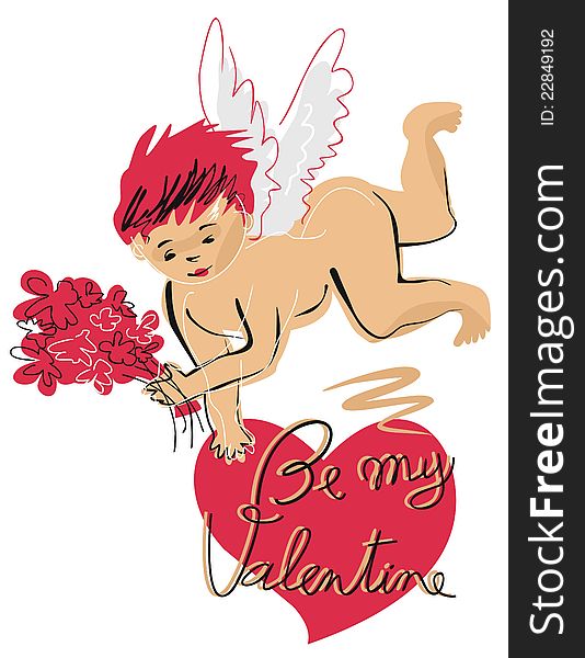 Valentines Day illustration with cupid holding flowers. Valentines Day illustration with cupid holding flowers