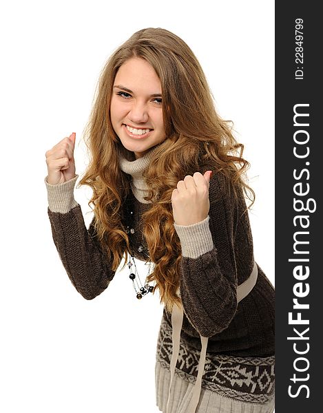 Happy woman celebrating on a white background. Happy woman celebrating on a white background