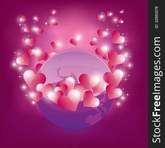 Illustration of earth and many sparkling hearts around it for Day Valentine, vector . Illustration of earth and many sparkling hearts around it for Day Valentine, vector .