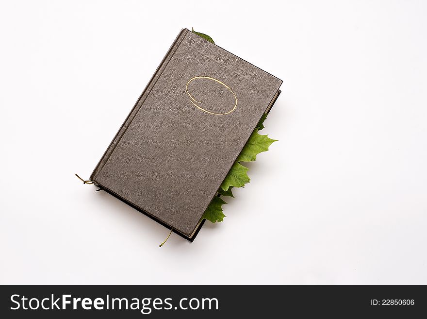 Closeup book with maple leaves between the pages. Closeup book with maple leaves between the pages