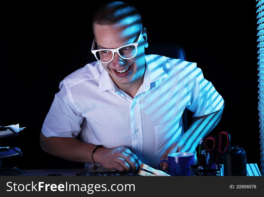 Funny nerd in glasses and computer. Funny nerd in glasses and computer