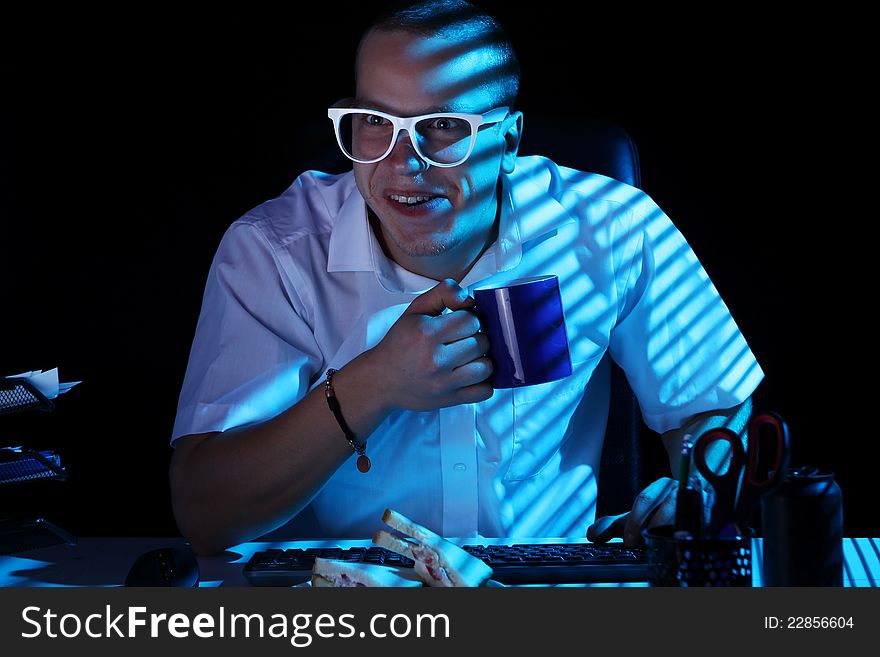 Funny nerd in glasses and computer. Funny nerd in glasses and computer