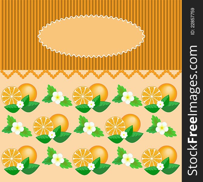 Oval dentate frame on a striped background with oranges. Oval dentate frame on a striped background with oranges