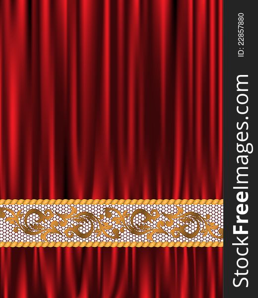 Vertical red draped background of silk and lace bands. Vertical red draped background of silk and lace bands