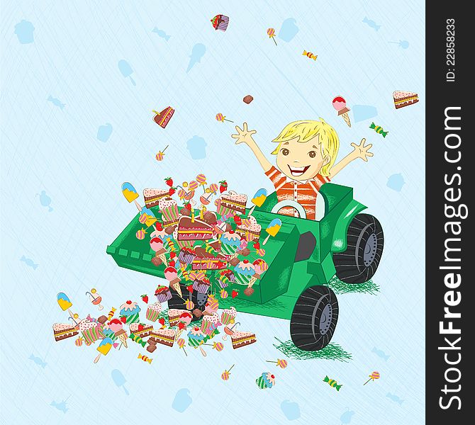 Boy Siting In Tractor With Candies.