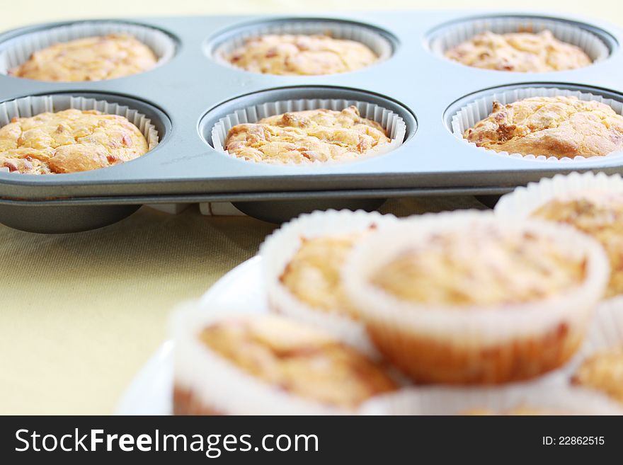 Baked cheese burger muffins in a baking tray. Baked cheese burger muffins in a baking tray