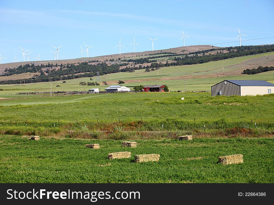 Rural farmland and wind turbines.