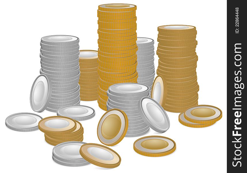 Stacks of gold and silver money coins on white, vector illustration. Stacks of gold and silver money coins on white, vector illustration