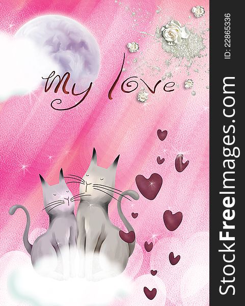 Love card made with cats and moon embellishments background. Love card made with cats and moon embellishments background