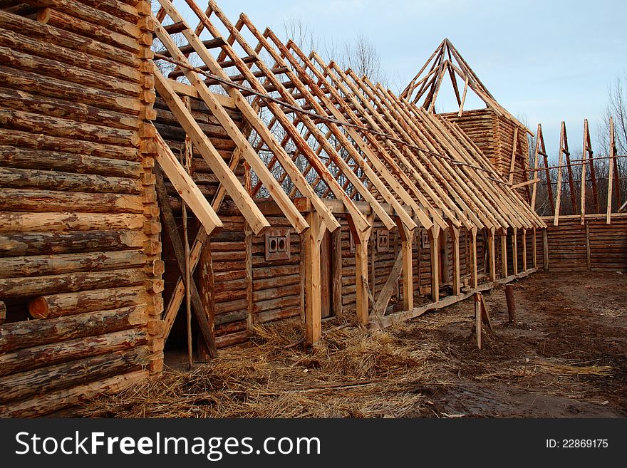 Wooden framework of stables building under construction. Wooden framework of stables building under construction