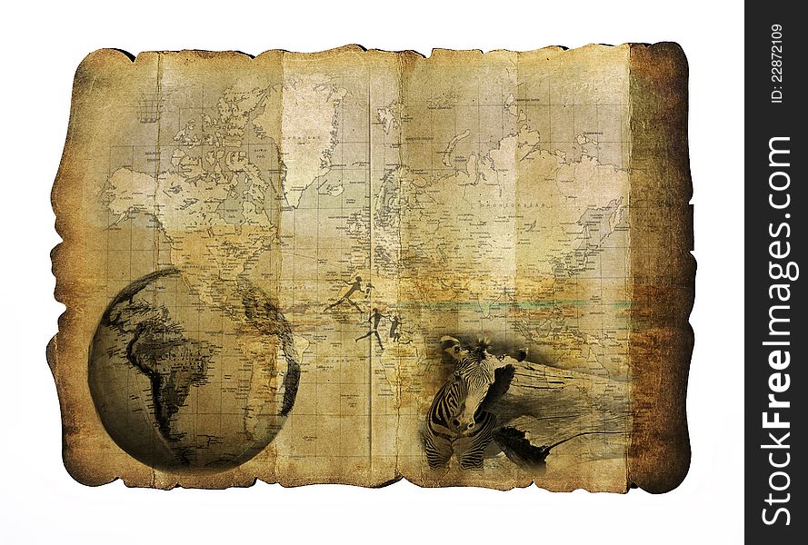 Old world map with safari elemnts. Old world map with safari elemnts