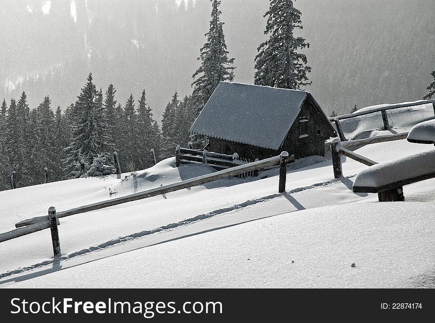 Frozen house at winter in the mountains