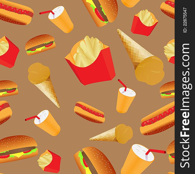 Seamless pattern composed of fast-food objects isolated on brown background. Vector EPS8 illustration. Seamless pattern composed of fast-food objects isolated on brown background. Vector EPS8 illustration.