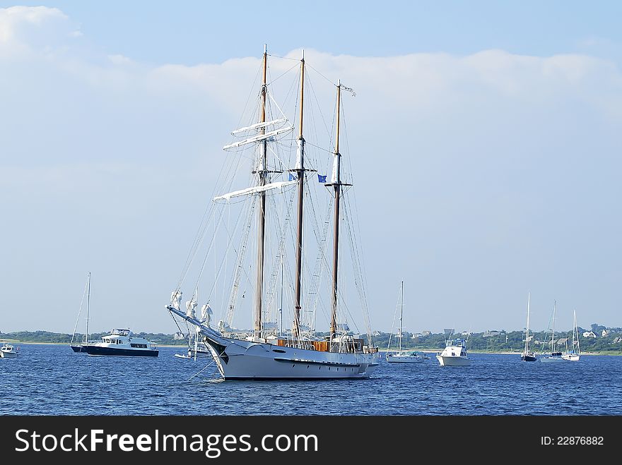 A beautiful three mast schooner anchored at bay
