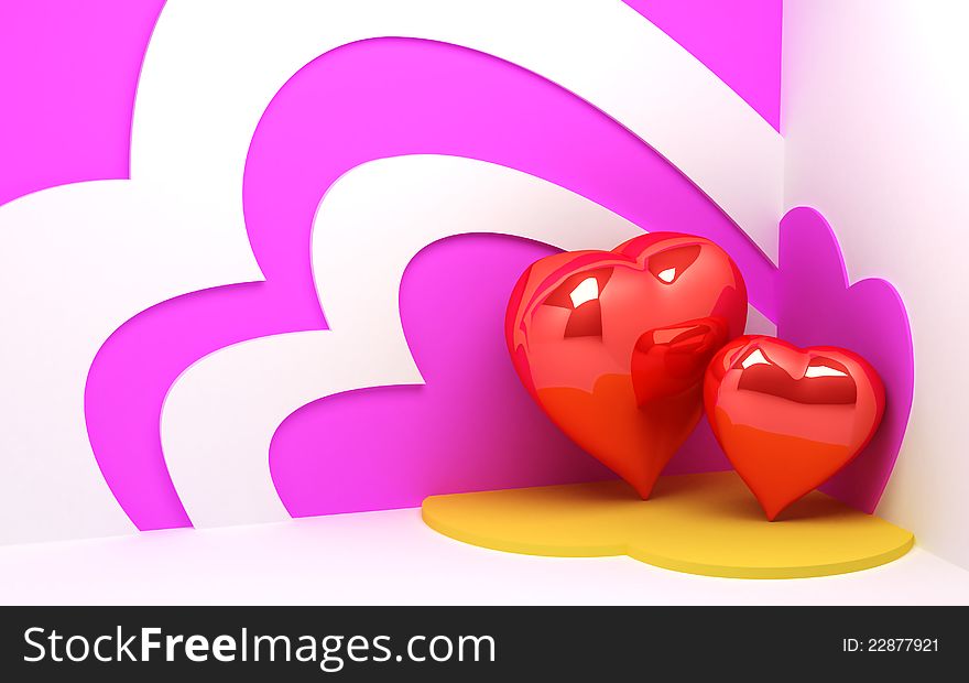 White 3d scene with red hearts and pink luminous ornament on the walls. Valentine's Day background. White 3d scene with red hearts and pink luminous ornament on the walls. Valentine's Day background