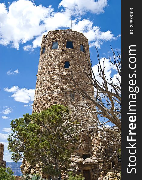 This stone lookout tower peers out into the Grand Canyon