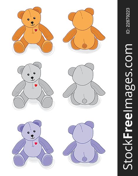 Three different sitting teddy bears