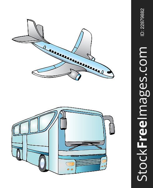 Illustration includes plane and bus. Illustration includes plane and bus