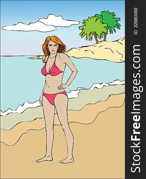 Young pretty woman in a bikini on the beach