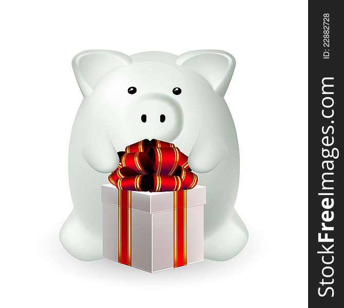 Piggy bank with gift the decorated red bow