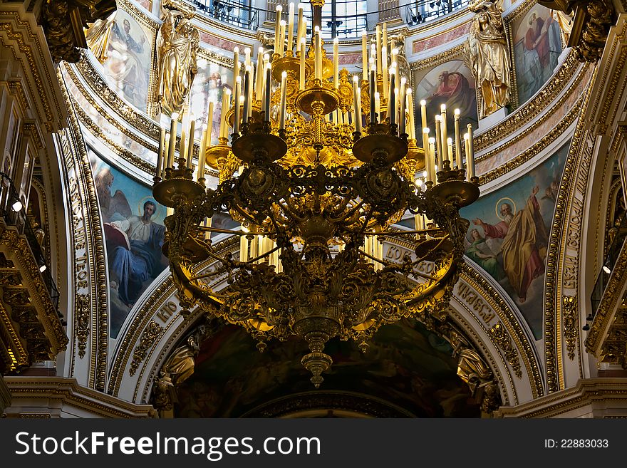 Gold chandelier in the old church