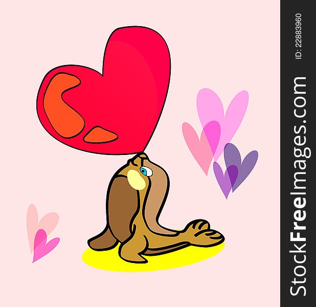 Illustration of a seal with a heart shape ball. Illustration of a seal with a heart shape ball