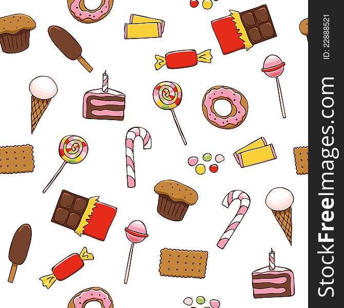 Seamless pattern with bright sweets on white background