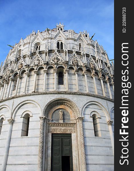 Closeup of Pisa Baptistery at the Miracle Square. Italy