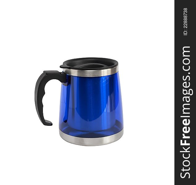 Modern blue small thermos isolated on white with clipping path. Modern blue small thermos isolated on white with clipping path