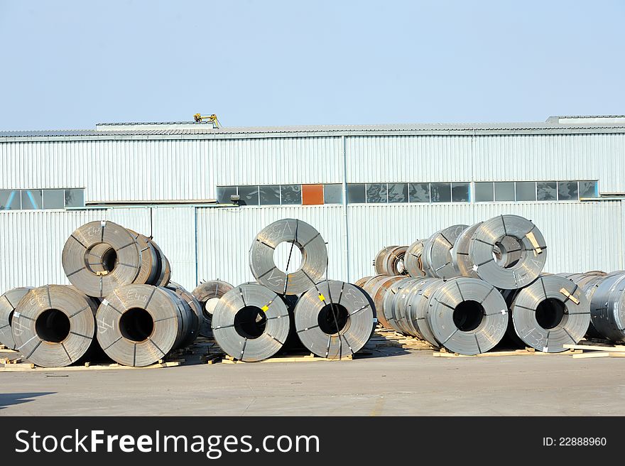 Rolls of steel sheet in harbor
