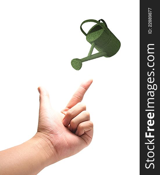 Green Eco watering-can concept  with hand isolated on white background.