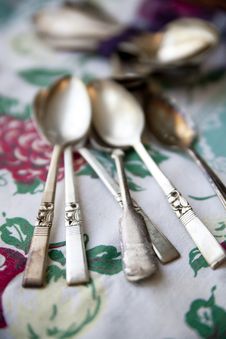 Vintage Silver Spoons On An Antique Tablecloth Royalty Free Stock Image Vintage Silver Spoons On An Antique Tablecloth Royalty Free Stock Image