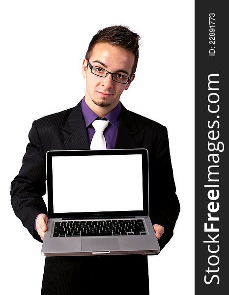 Young businessman with laptop, isolated on white