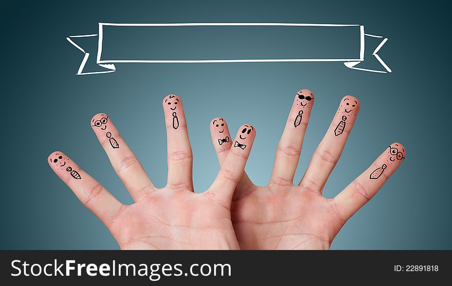 Happy group of finger smileys with copyspace over their head