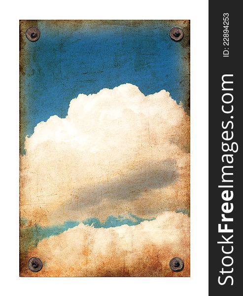 Old grunge antique paper texture with blue sky and clouds pattern attached with nails on a white background. Old grunge antique paper texture with blue sky and clouds pattern attached with nails on a white background