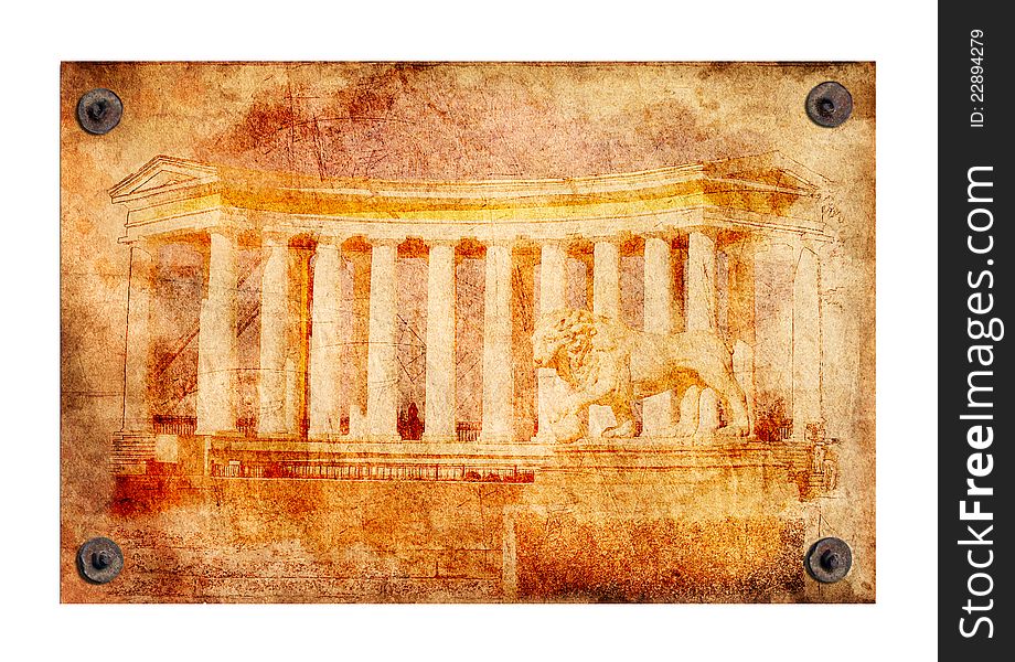 Old grunge antique paper texture of Greek colonnade pattern attached with nails on a white background