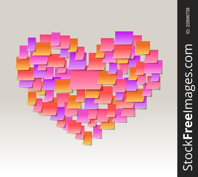 Colorful heart shape made of multiple post it office memo notes on a wall vector illustration. Colorful heart shape made of multiple post it office memo notes on a wall vector illustration