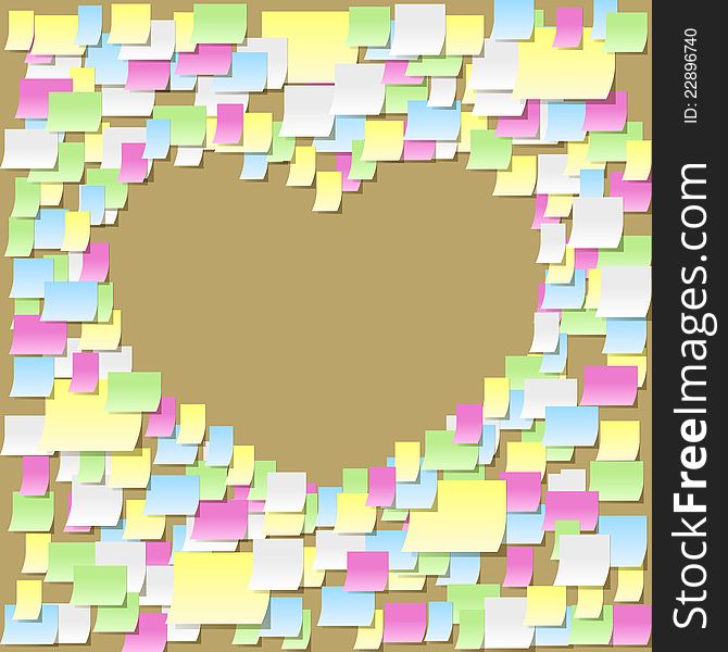 Colorful heart shape made of multiple post it office memo notes on a board vector illustration. Colorful heart shape made of multiple post it office memo notes on a board vector illustration