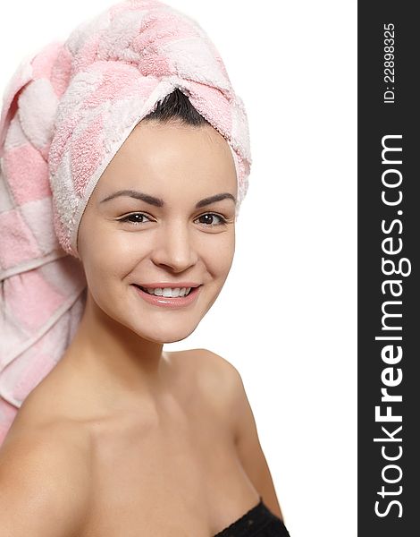 Portrait of beautiful caucasian smiling woman in towel on the head isolated on white studio. Portrait of beautiful caucasian smiling woman in towel on the head isolated on white studio