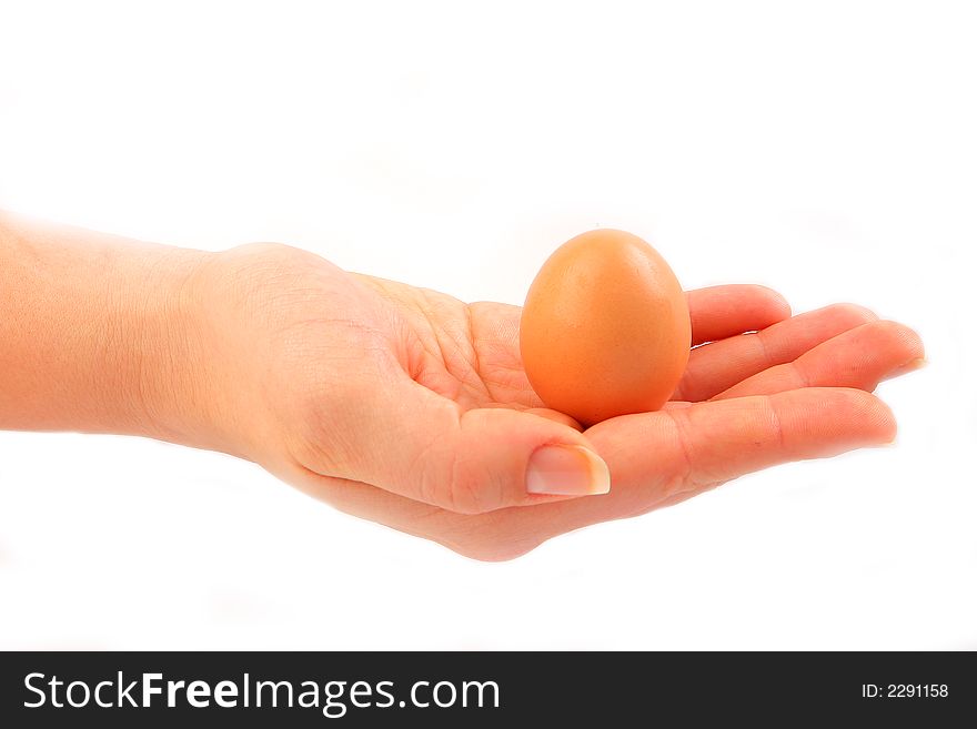 One egg in female hand isolated on white background. One egg in female hand isolated on white background