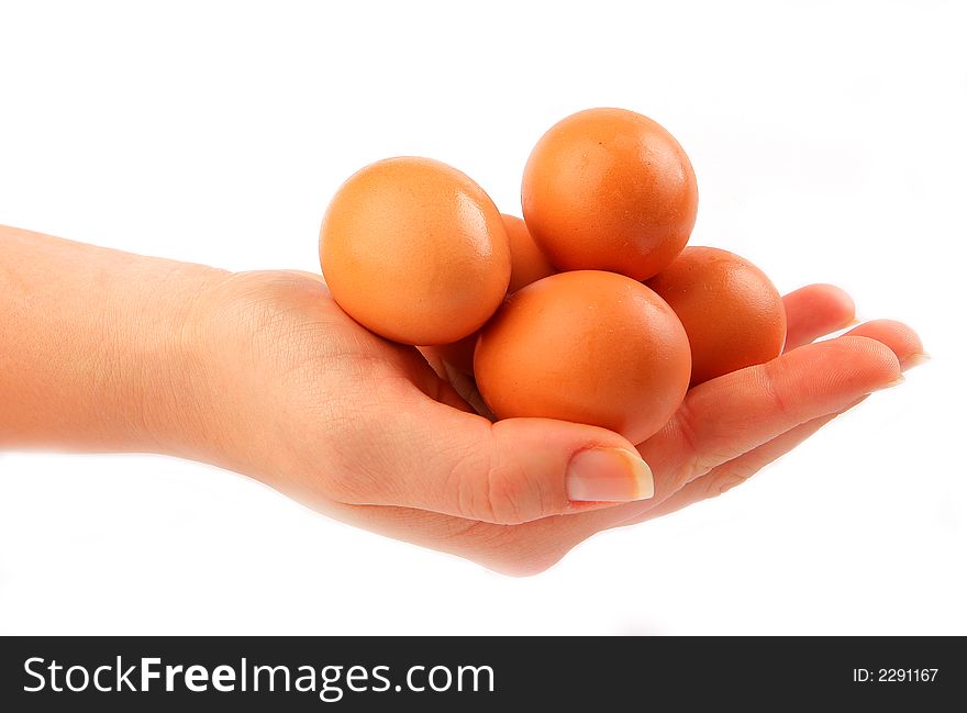 Group of eggs in female hand isolated on white background. Group of eggs in female hand isolated on white background