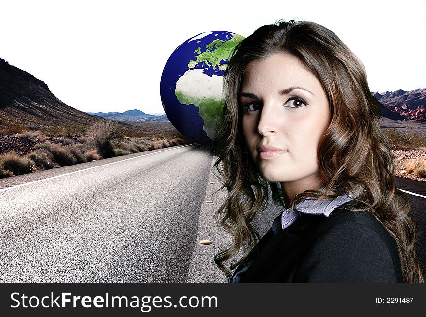 Businesswoman is posing in front of a long stretch of road with mountain in the background with earth in the middle. Businesswoman is posing in front of a long stretch of road with mountain in the background with earth in the middle